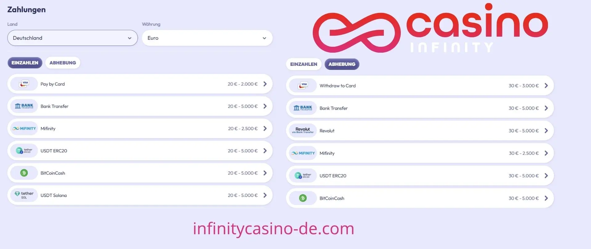 Ein- und Auszahlungen im Casino Infinity