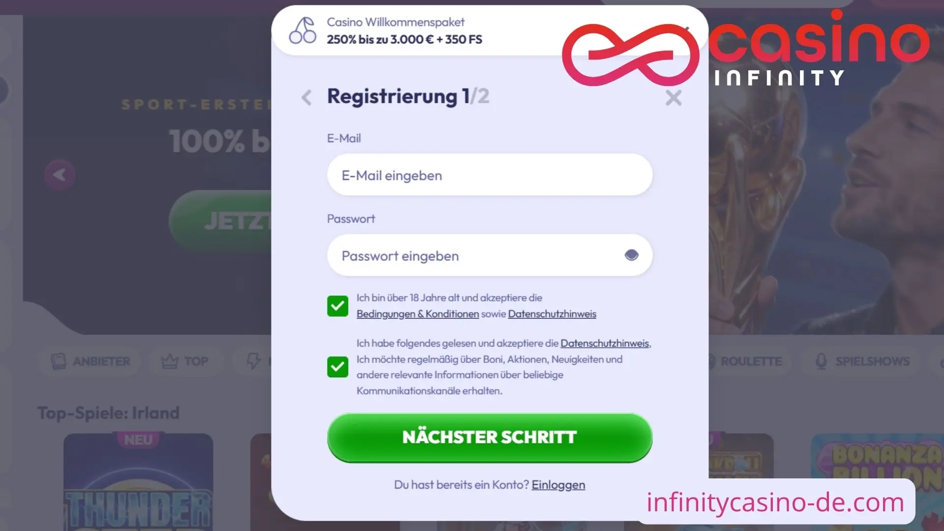 Login und Registrierung im Infinity Casino