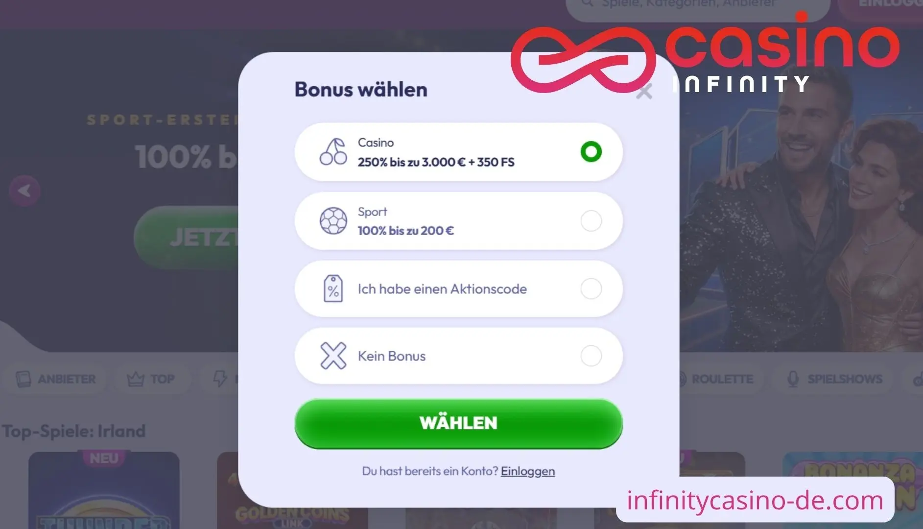 Bonusauswahl im Infinity Casino Online